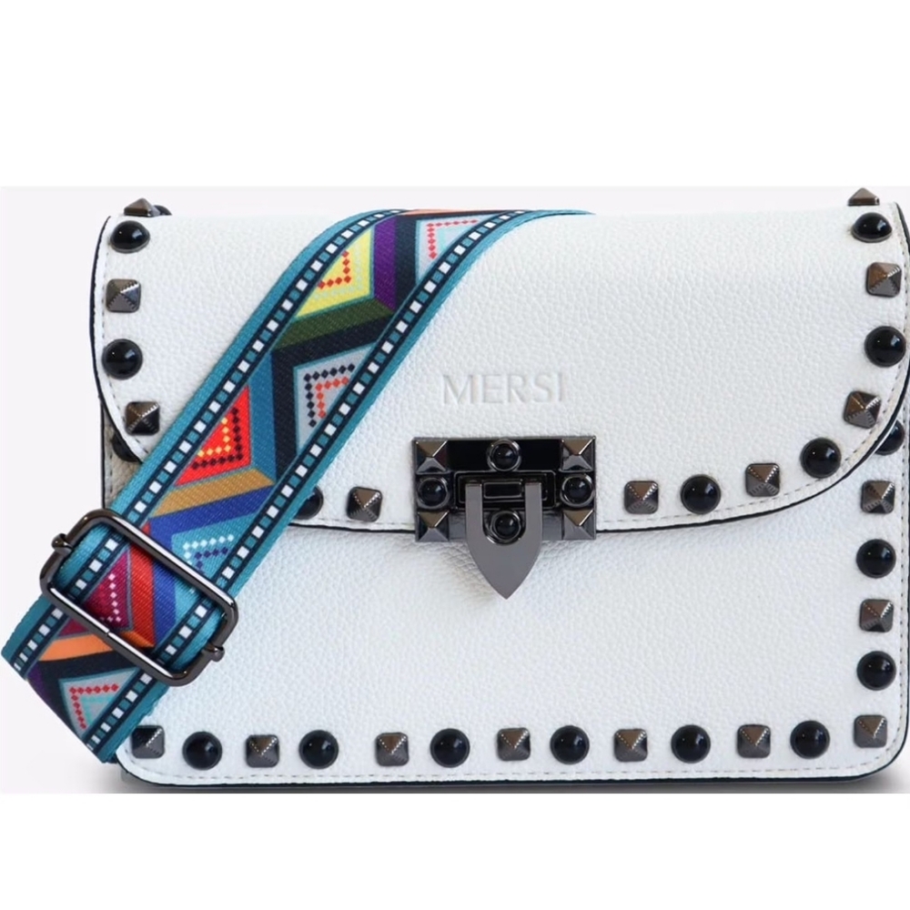 NWOT Mersi VEGAN Warehouse Ruby Crossbody, White Studded Gunmetal Colorful Strap